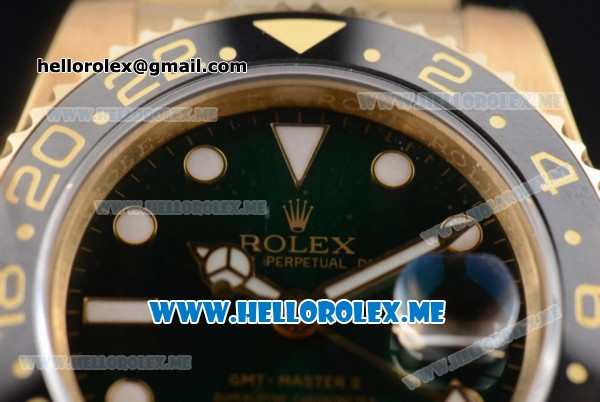 Rolex GMT-Master II Clone Rolex 3186 Automatic Yellow Gold Case/Bracelet with Green Dial and Dot Markers (BP) - Click Image to Close